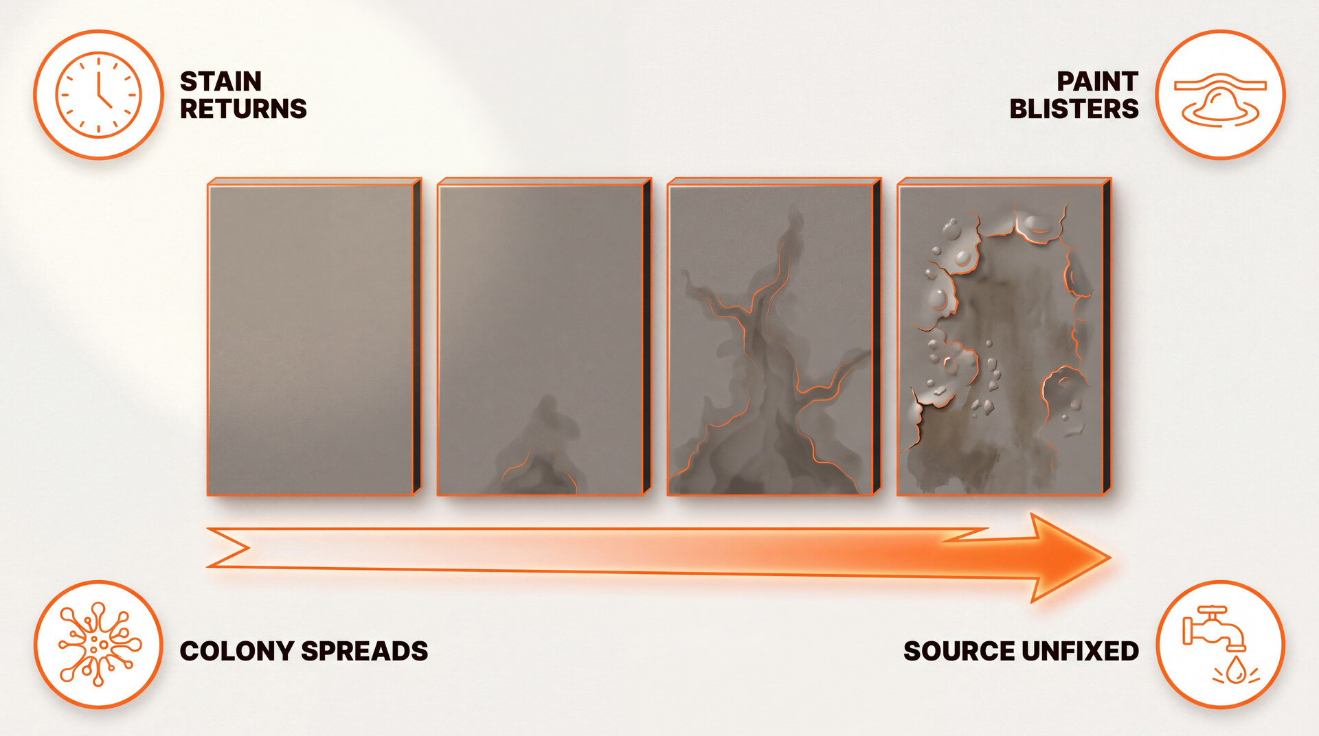 A painted wall panel in four time slices, clean at the left and blistered and stained at the right, labelled stain returns, paint blisters, colony spreads and source unfixed