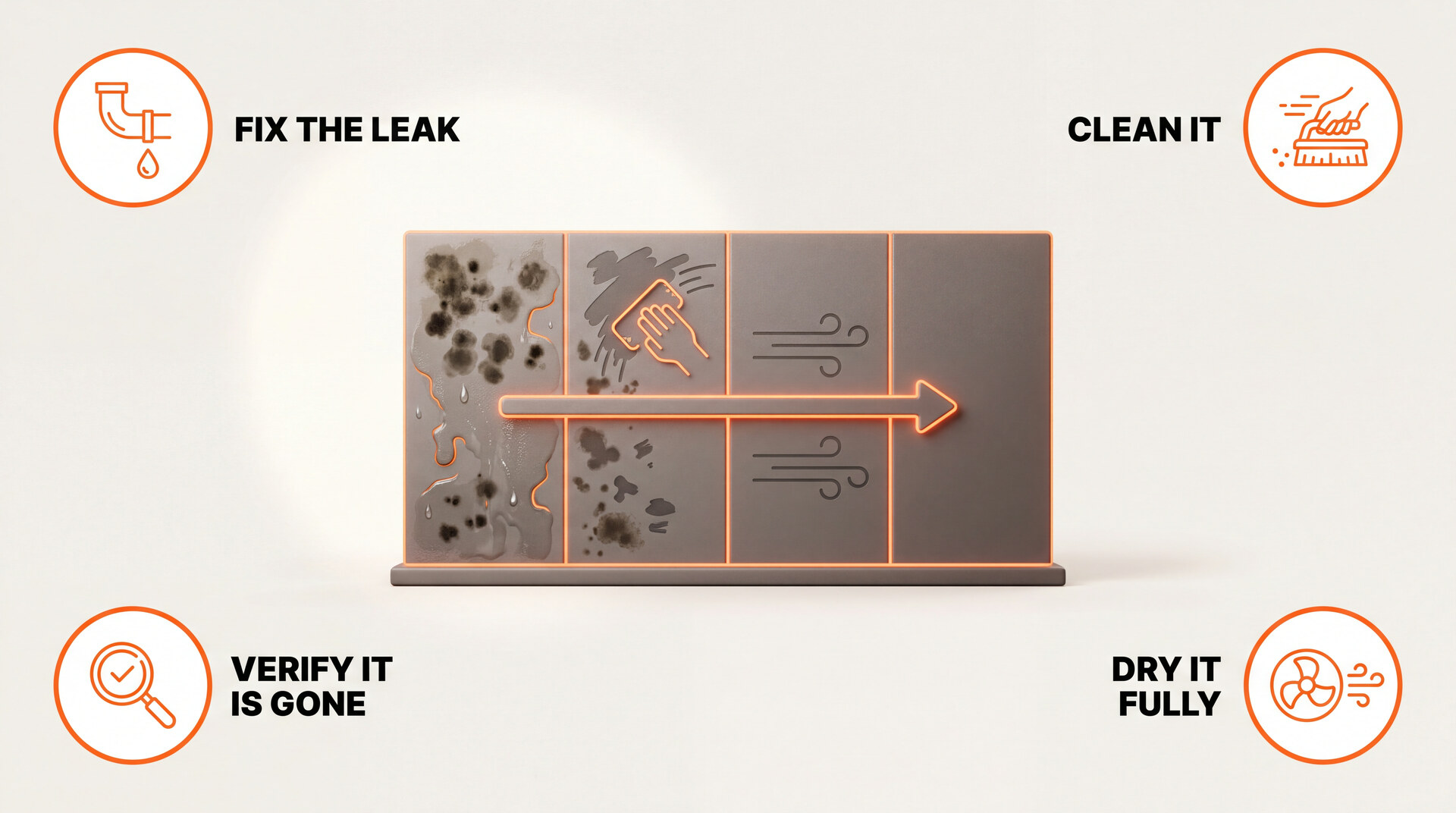 A wall panel in four bands progressing from wet and mold-stained to clean, dry and bare, labelled fix the leak, clean it, dry it fully and verify it is gone