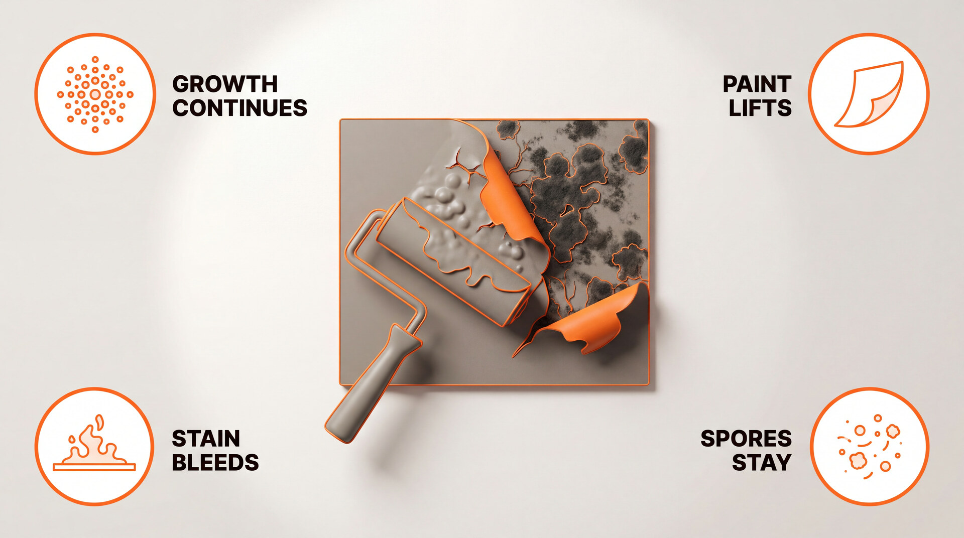 A paint roller mid-stroke over a wall panel where the fresh coat is bubbling and peeling away to expose dark mold, labelled growth continues, paint lifts, stain bleeds and spores stay