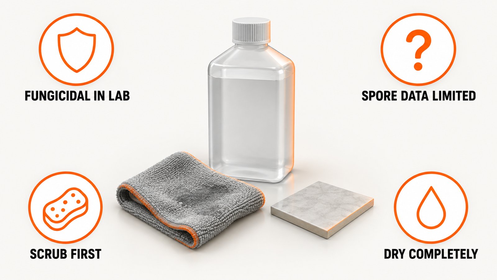 A bottle of rubbing alcohol next to a damp cloth and a small moldy tile