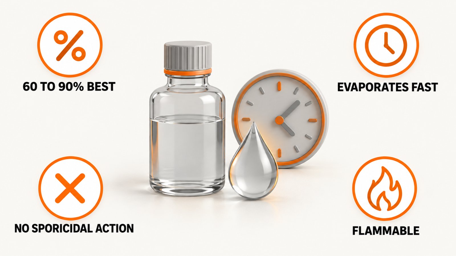 Two small bottles of alcohol in different strengths beside a water droplet and a clock