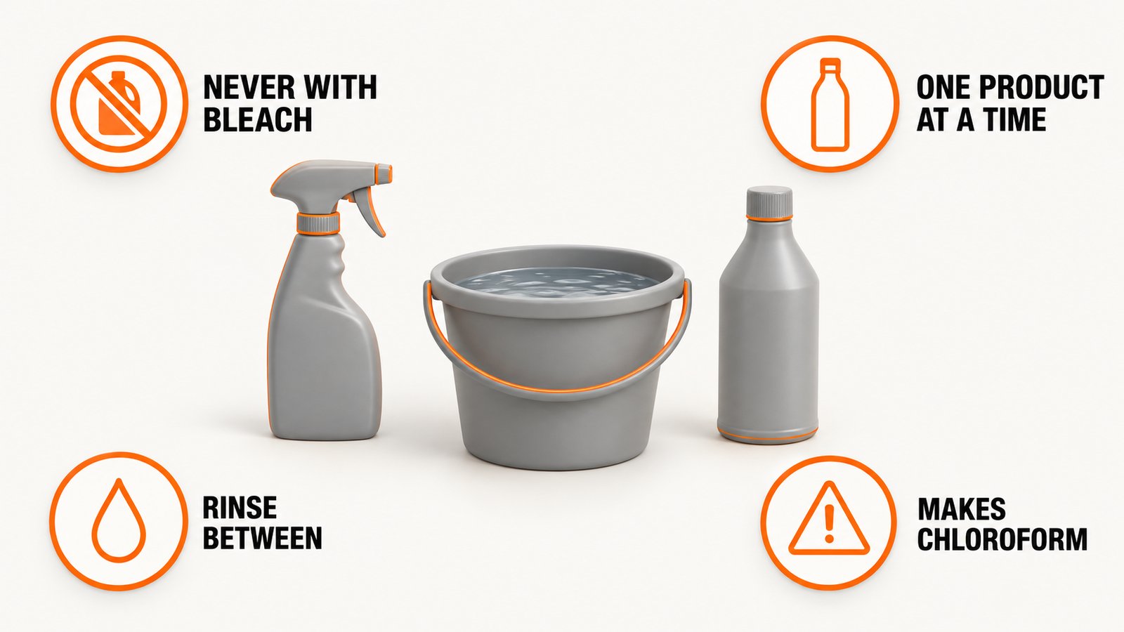 A spray bottle of clear liquid and a bottle of vinegar kept apart with a water rinse bucket between them