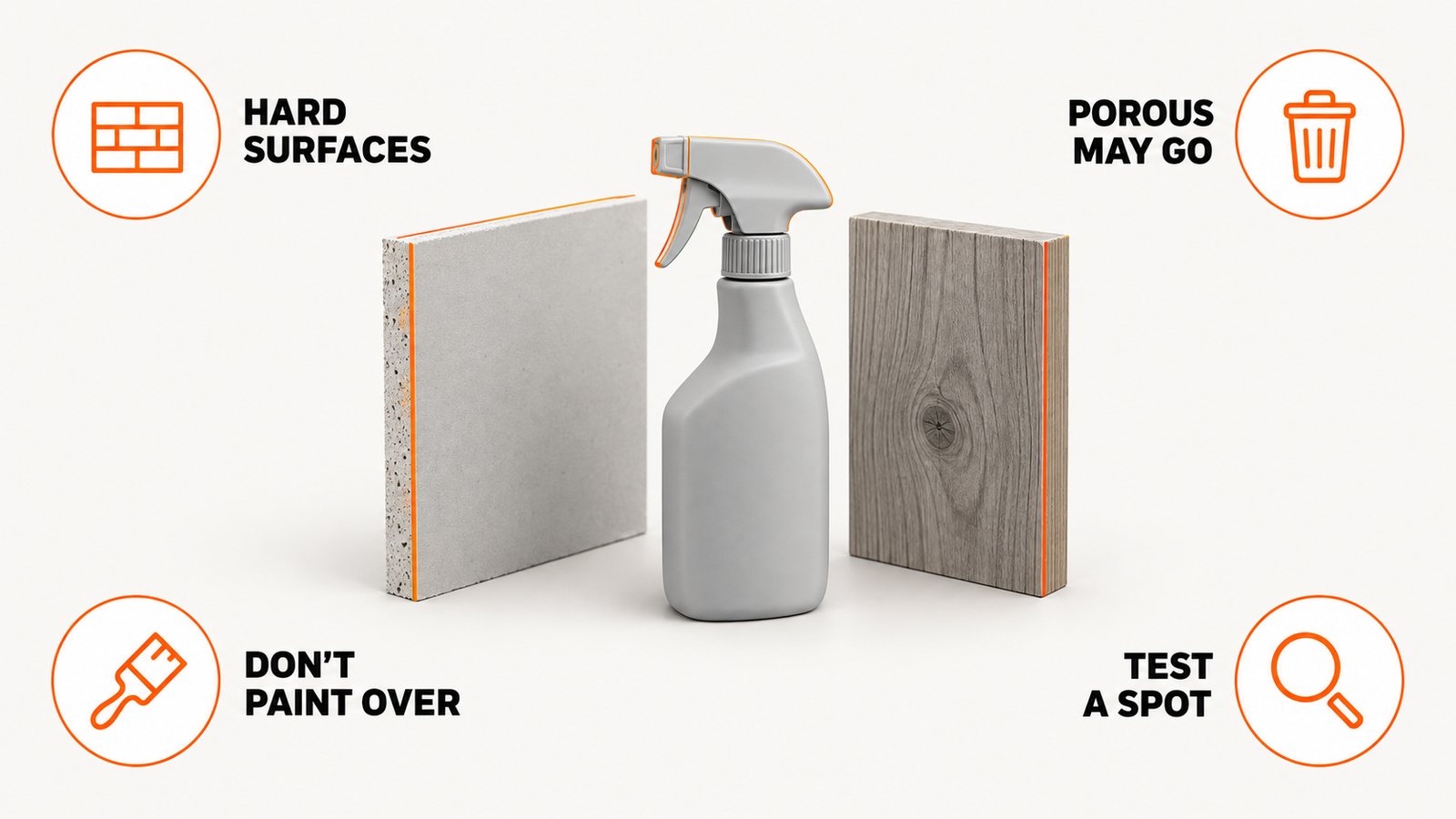 A section of drywall and a wood plank beside a cloth and a spray bottle