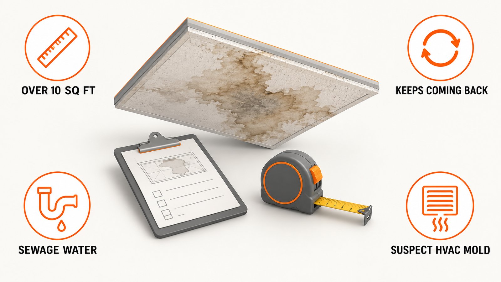A large water-stained ceiling section beside a clipboard and a measuring tape