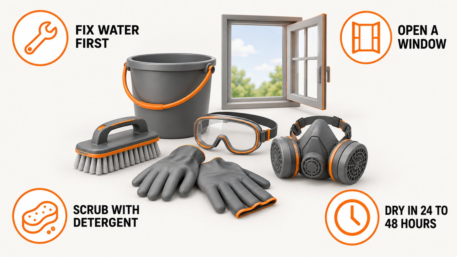 Gloves, goggles and a respirator laid out beside a bucket, a brush and an open window