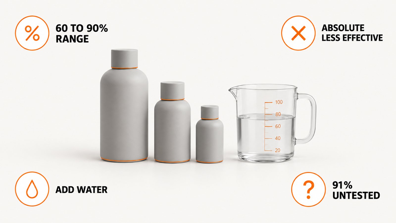 Three bottles of different sizes labeled only by color beside a measuring cup of water