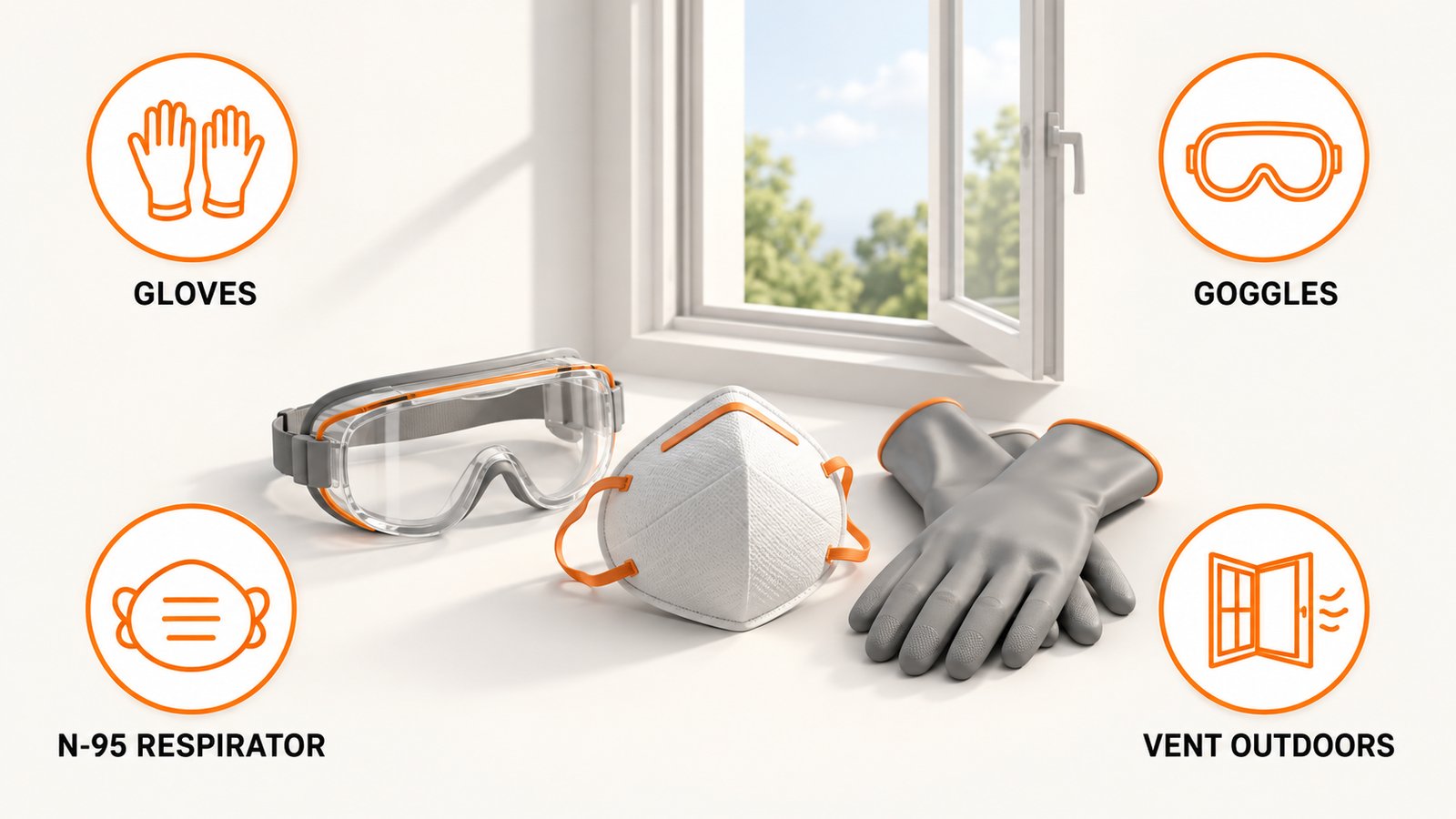 Goggles, a respirator mask and rubber gloves laid out beside an open window