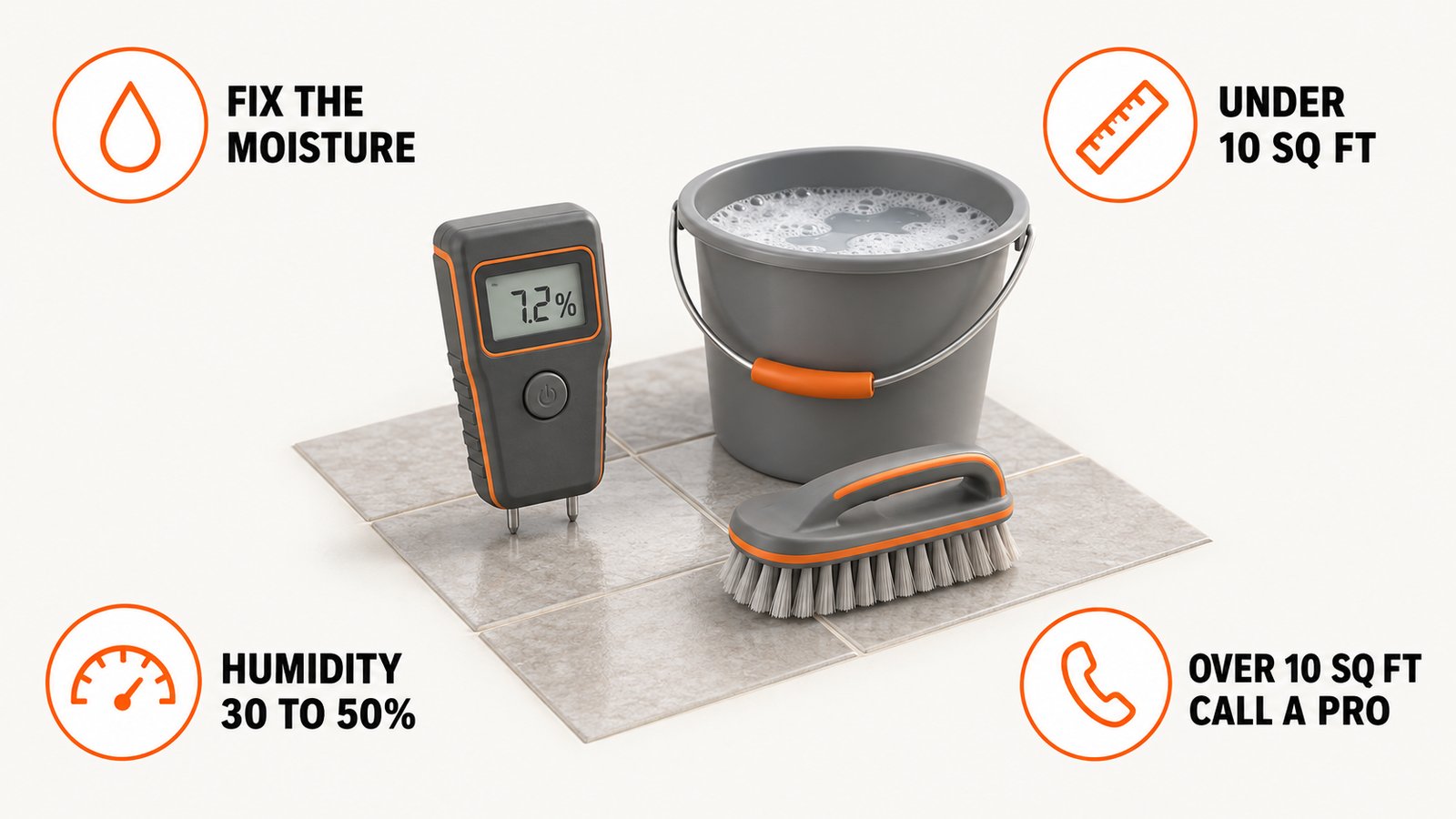 A moisture meter, a bucket of soapy water and a brush on a tile floor
