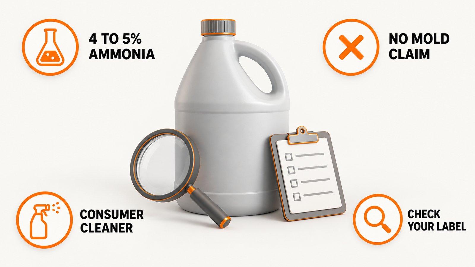 A plain jug of cleaner beside a magnifying glass and a small clipboard