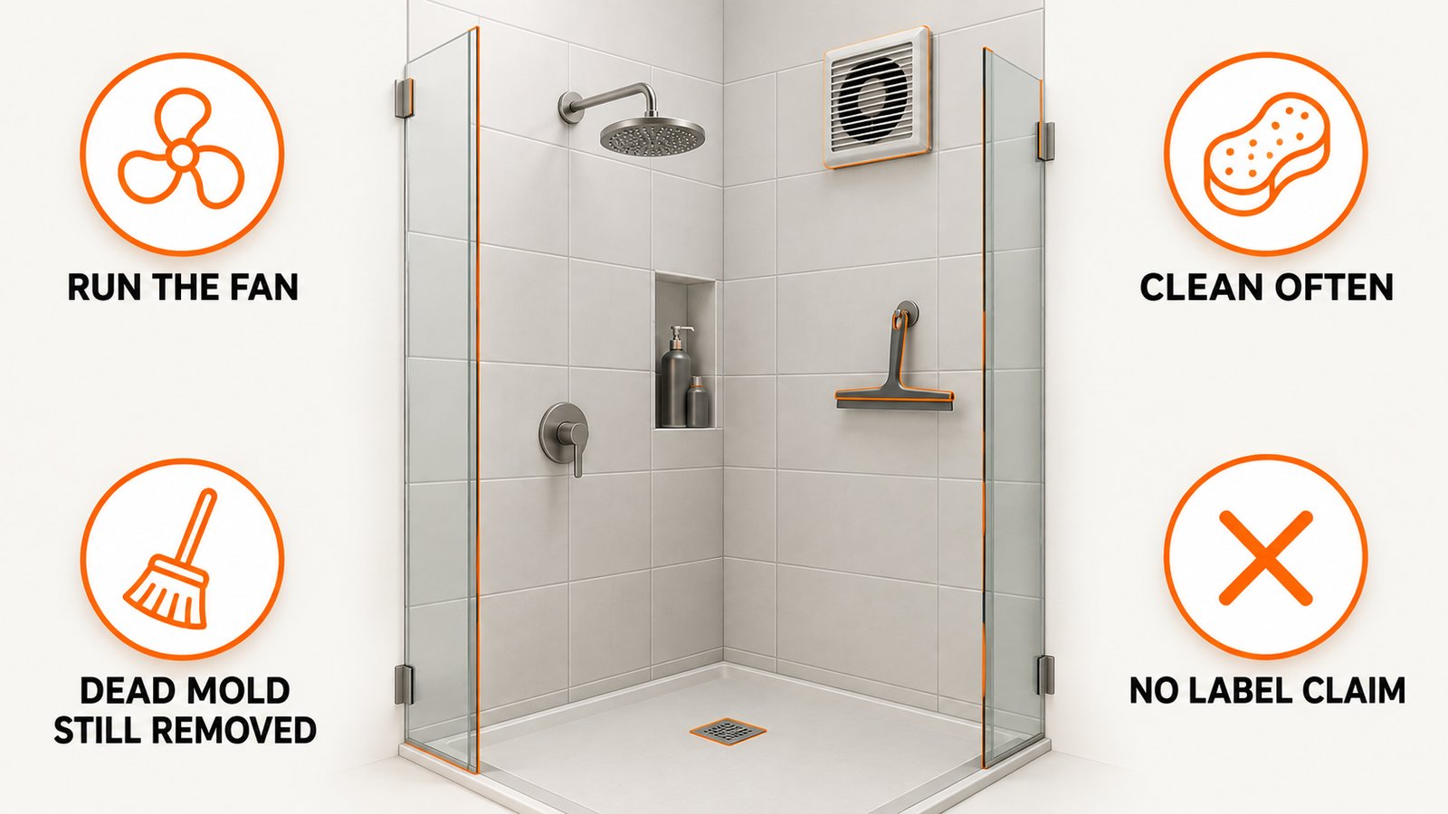A shower corner with grout lines, a small fan and a squeegee