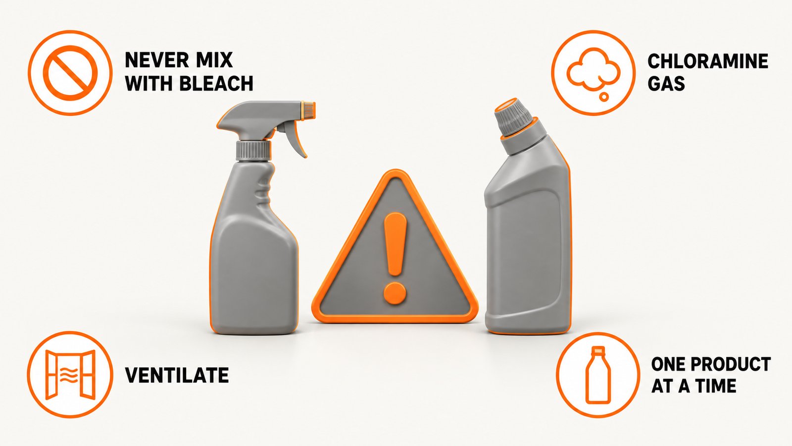 Two cleaner bottles standing apart on a bathroom counter with a large warning triangle between them