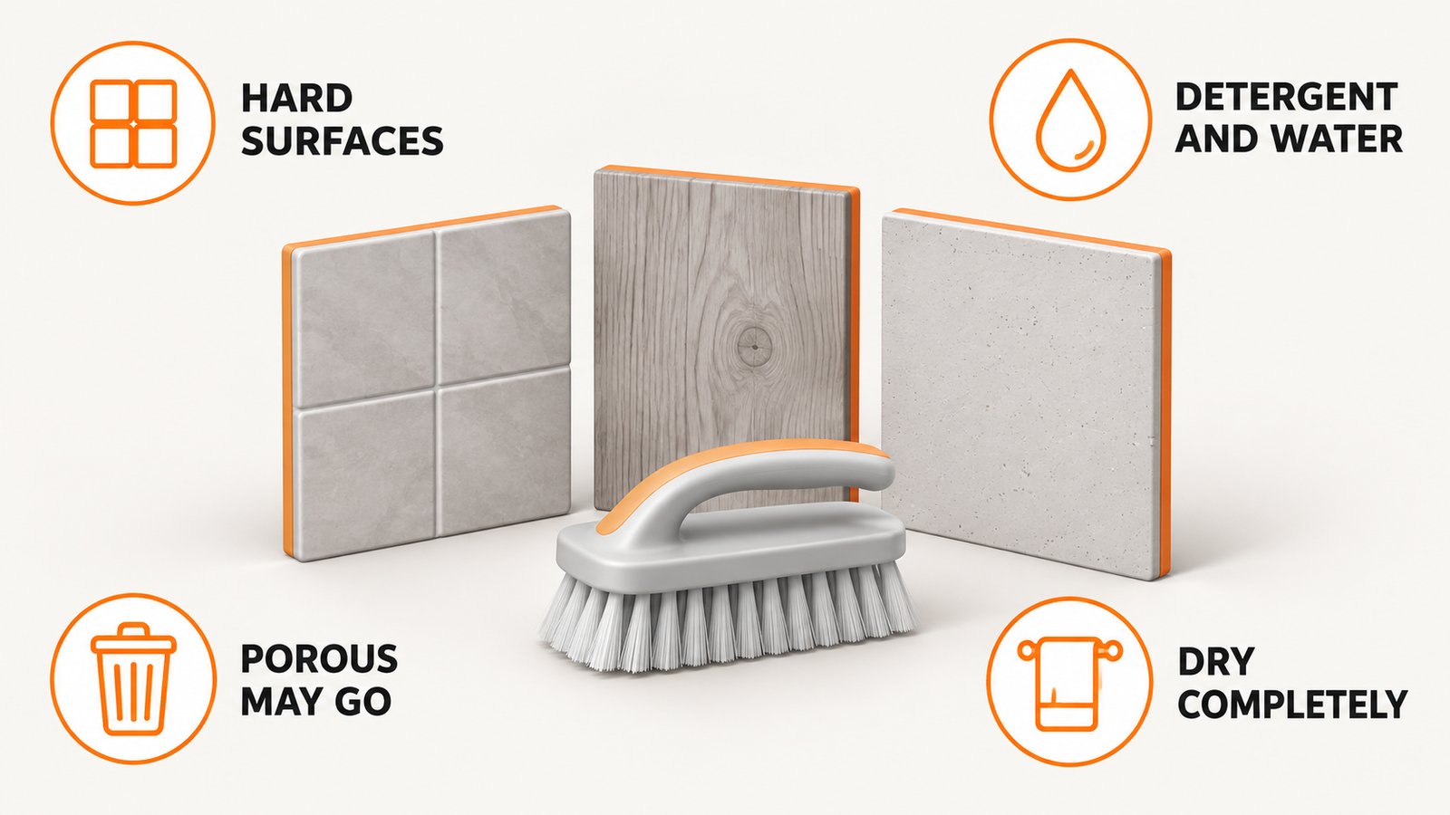 A tile, a wood plank and a drywall panel arranged in a row beside a scrub brush