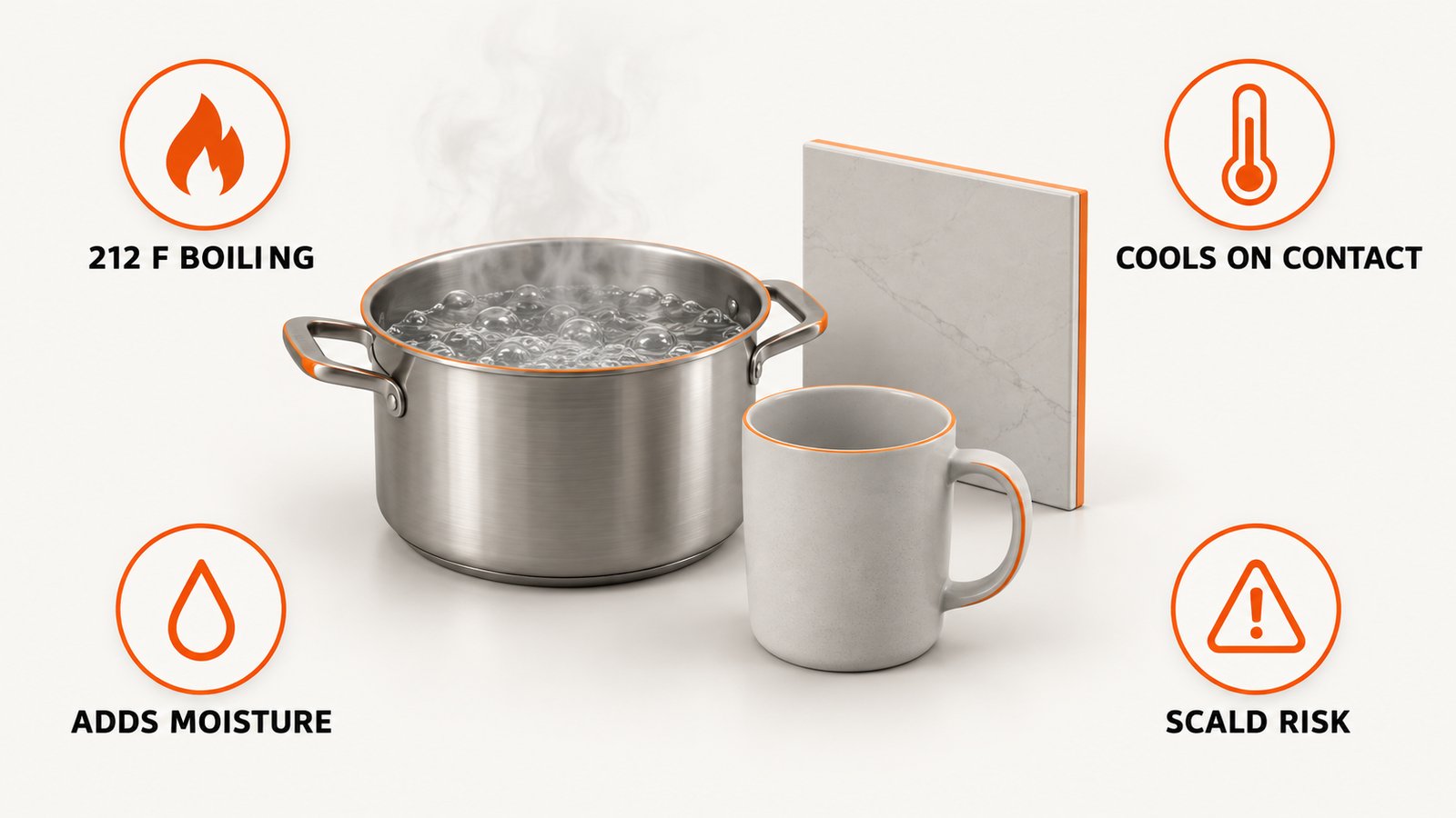 A steel pot of water beside a ceramic mug and a wall tile
