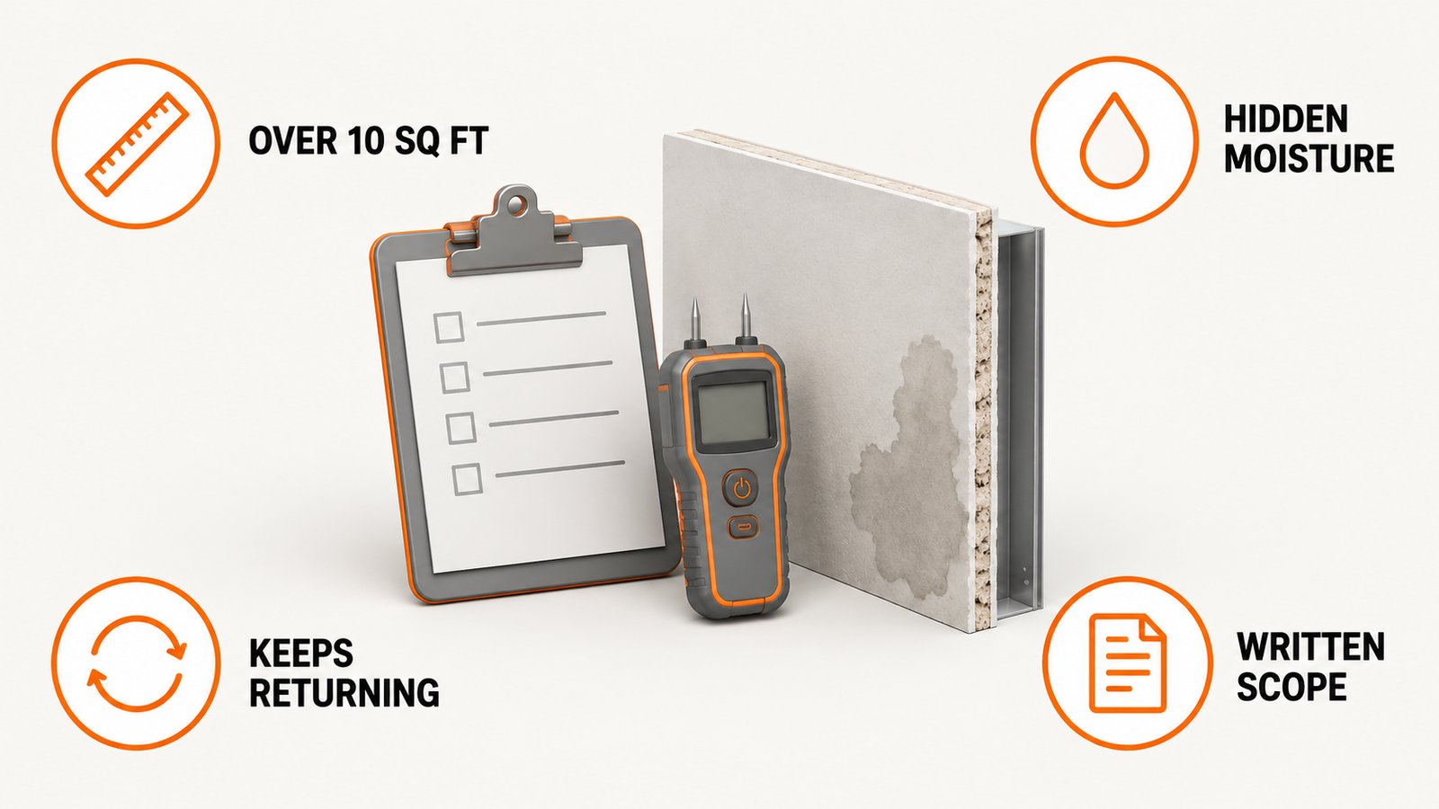 A clipboard and a moisture meter beside a drywall section