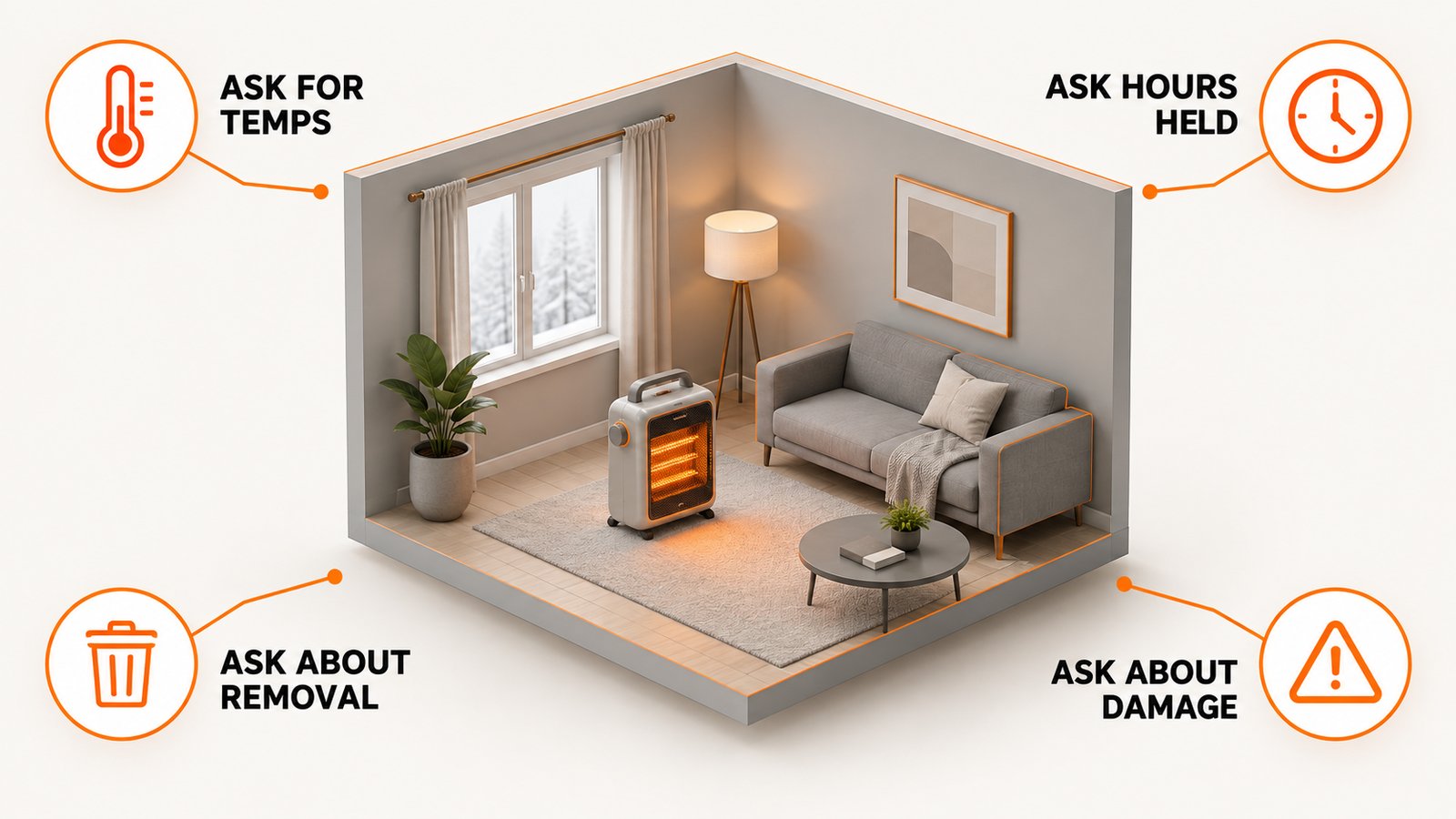 A cutaway model of a room with a portable heater and a thermometer