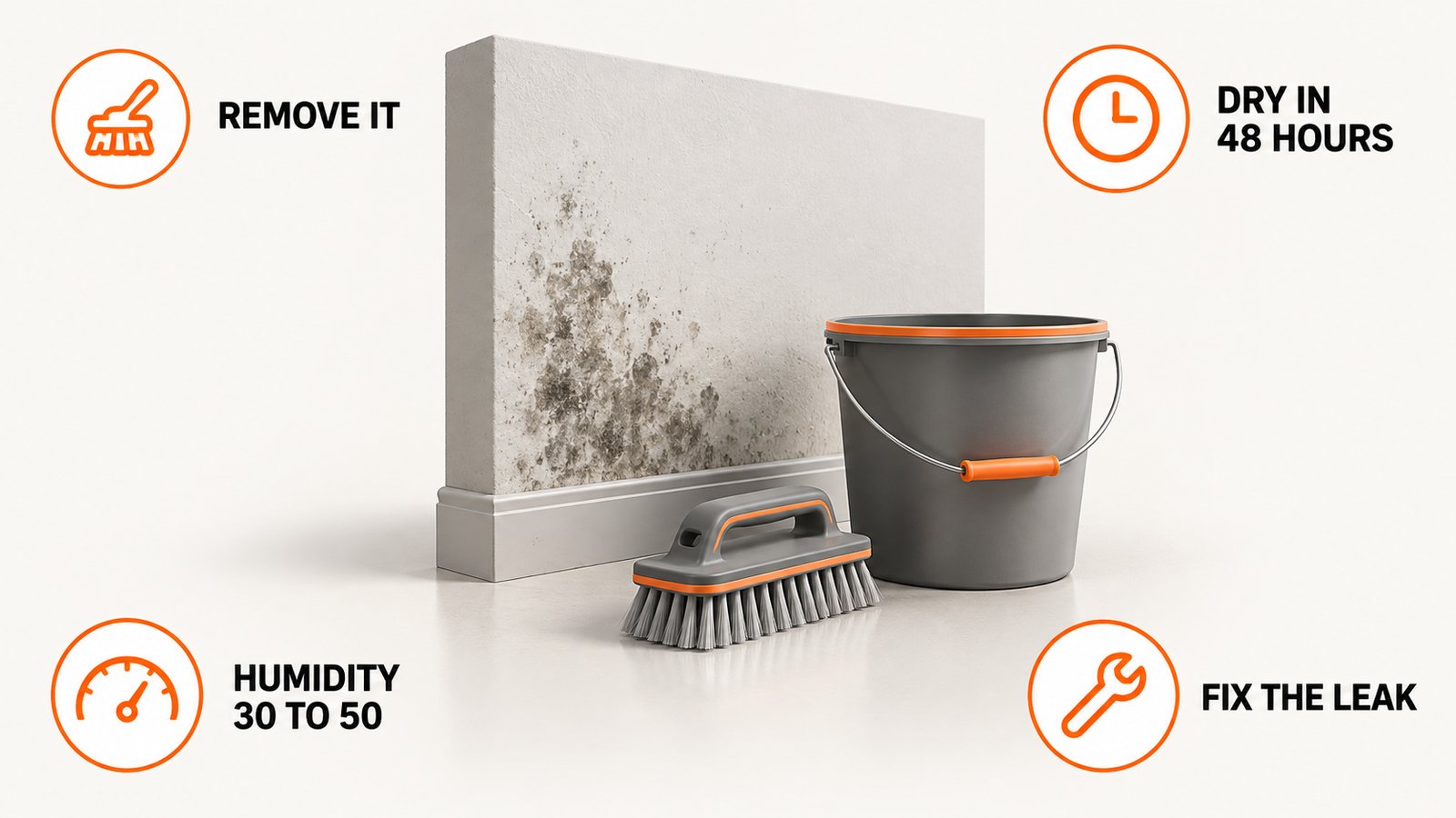A scrub brush and a bucket beside a wall section