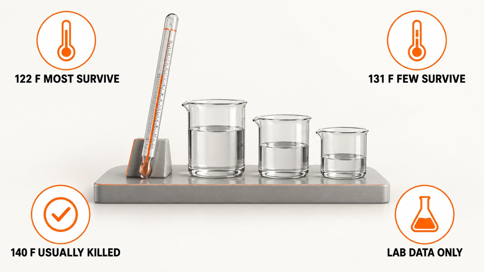 A glass thermometer beside three small beakers of water on a lab bench
