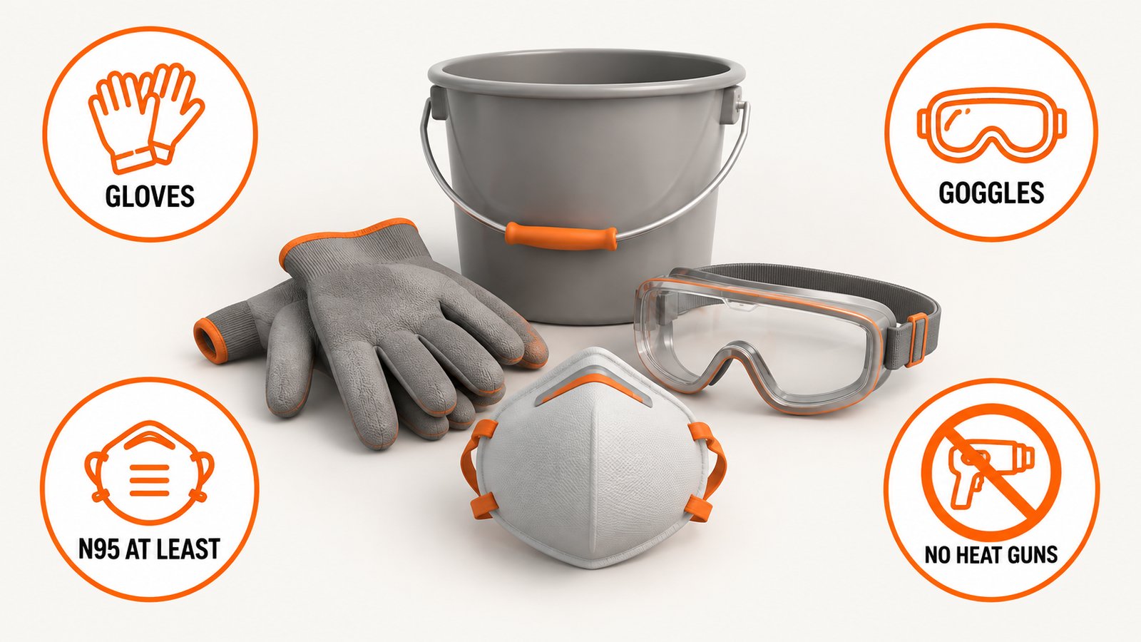 A pair of gloves, goggles and a respirator mask beside a bucket