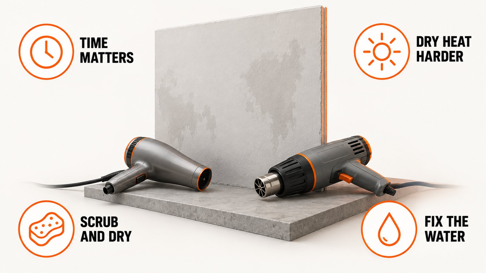 A painted drywall panel with a hair dryer and a heat gun lying beside it