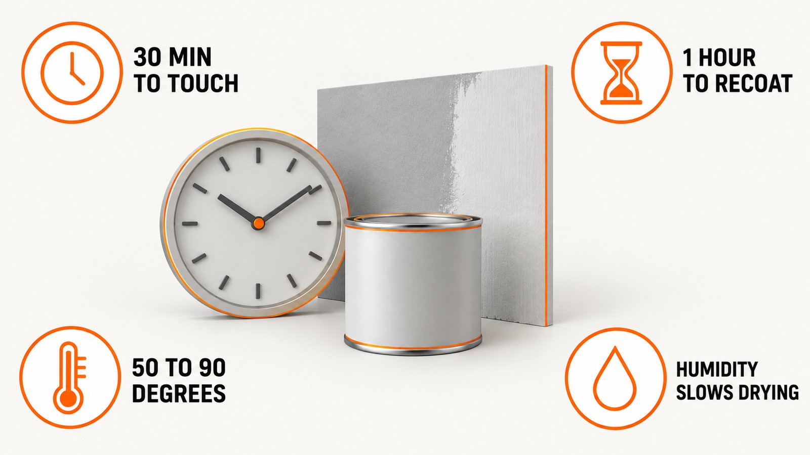 A clock face beside a thermometer and a small can of primer in front of a drying wall panel