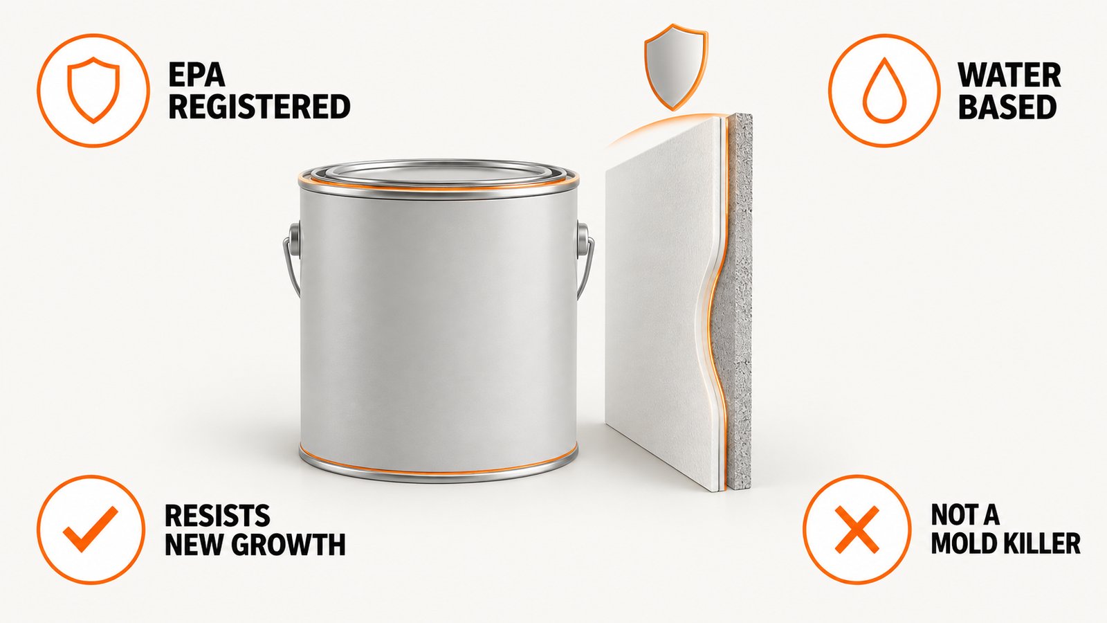 A paint can beside a cross section of a primed wall film with a shield symbol
