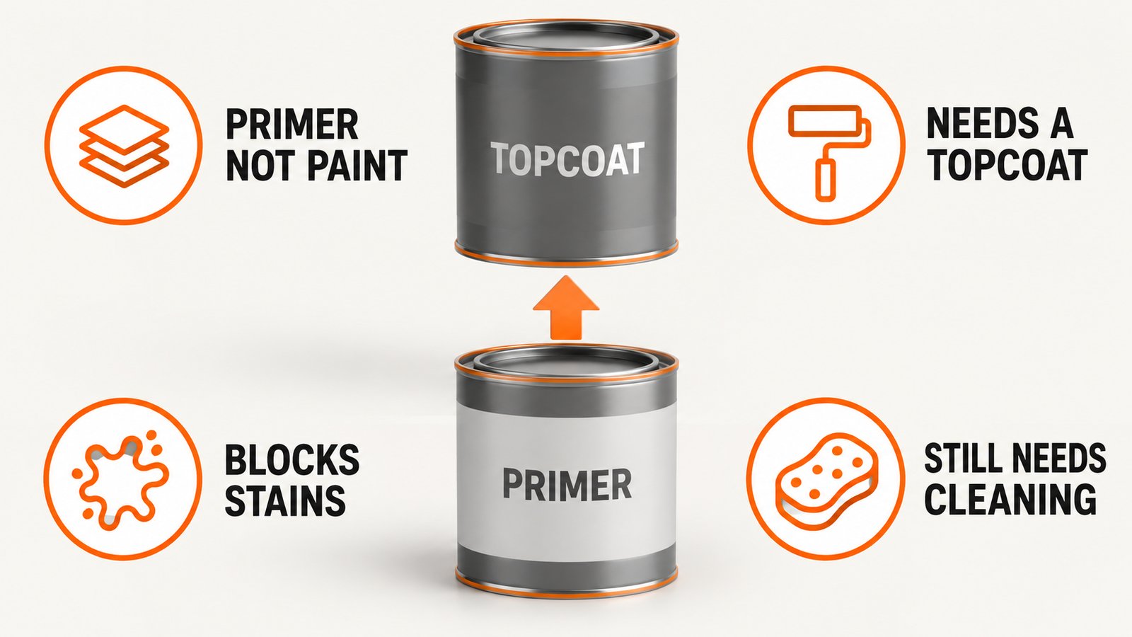 A can of primer stacked beneath a can of topcoat paint with an arrow pointing upward