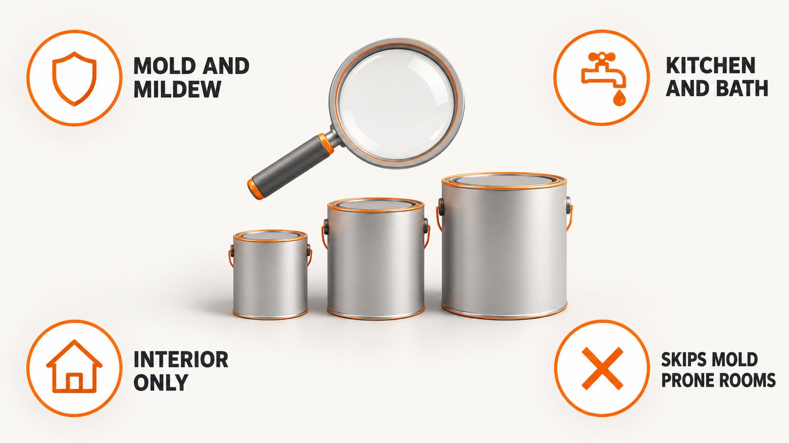 Three paint cans of different sizes lined up in a row with a magnifying glass above them