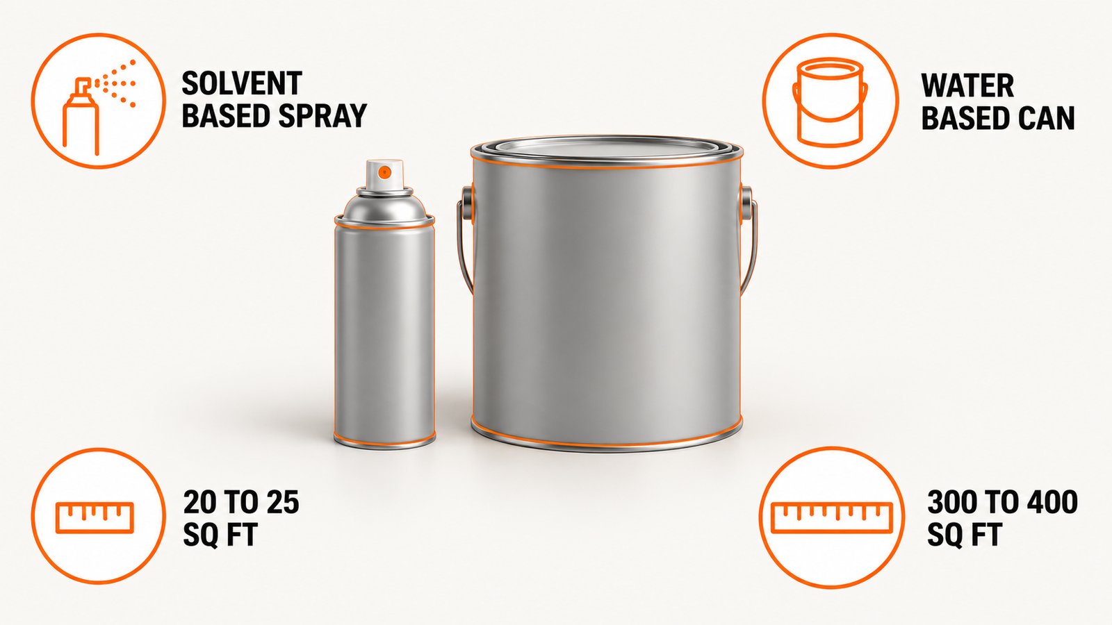 A small aerosol spray can standing beside a large gallon paint can