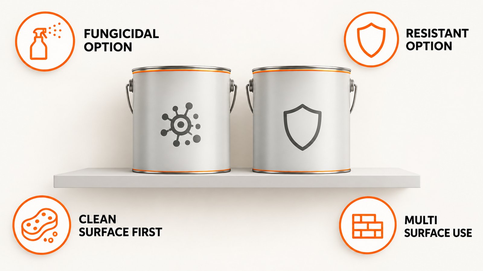 Two paint cans side by side on a shelf, one marked with a fungus symbol and one with a shield symbol