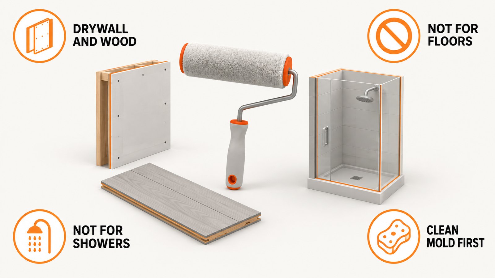 A wall panel, a floor plank and a shower stall arranged around a paint roller