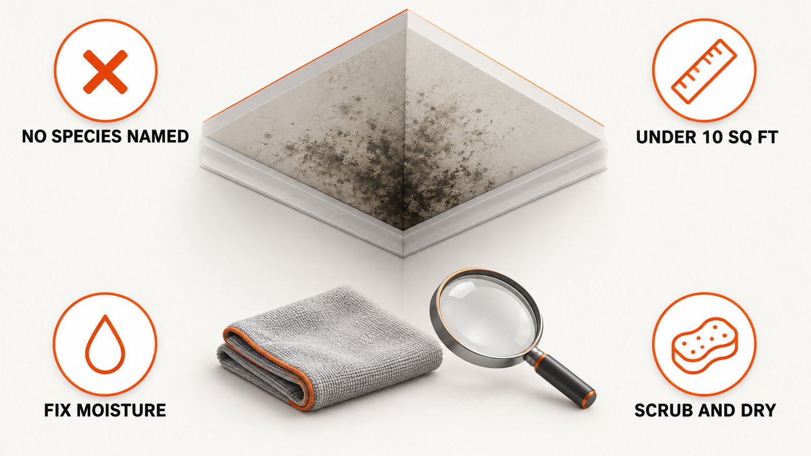 A dark stained corner of a ceiling with a clean cloth below it