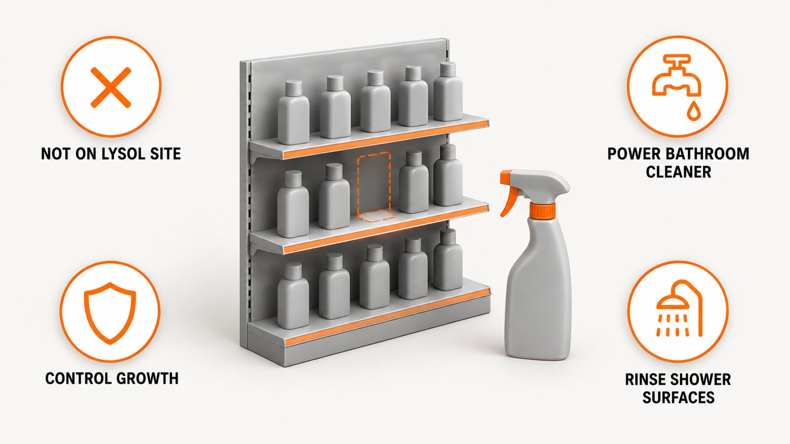 An empty shelf with a clean spot where a bottle used to stand