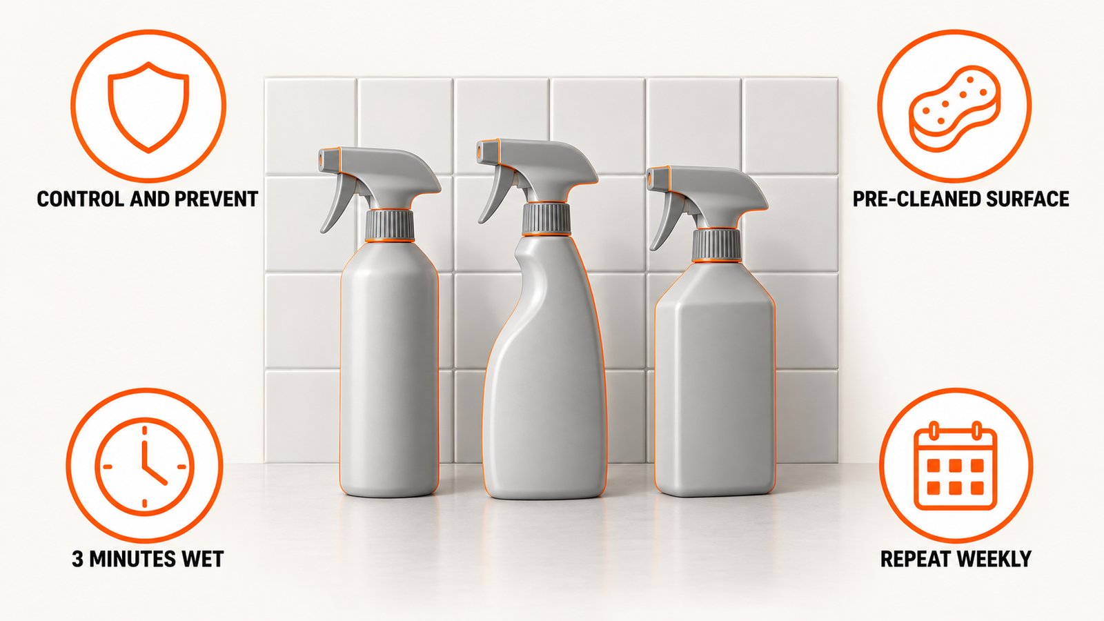A row of three household spray bottles beside a bathroom tile wall