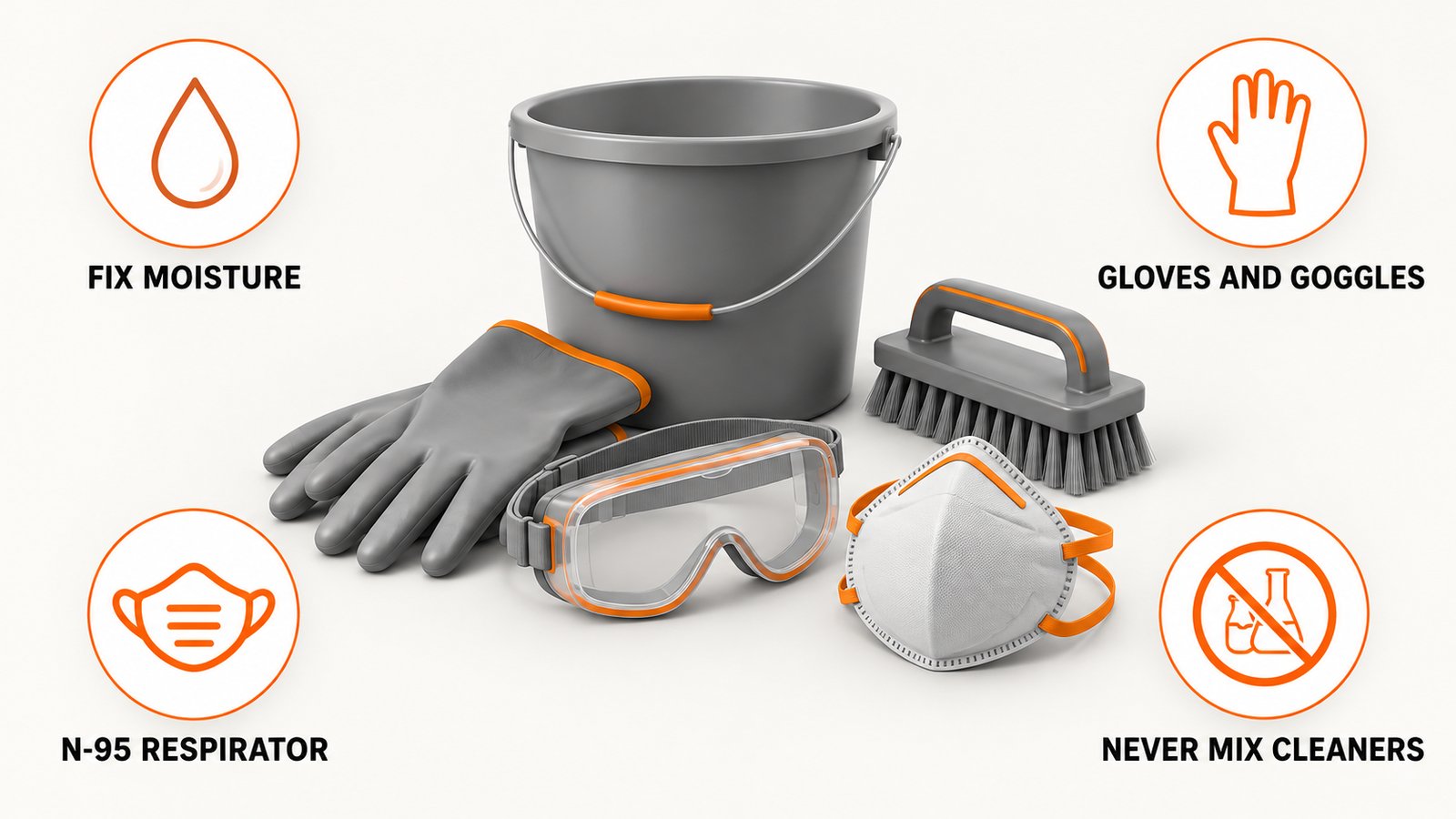 A pair of rubber gloves, goggles and a mask laid out beside a bucket and brush