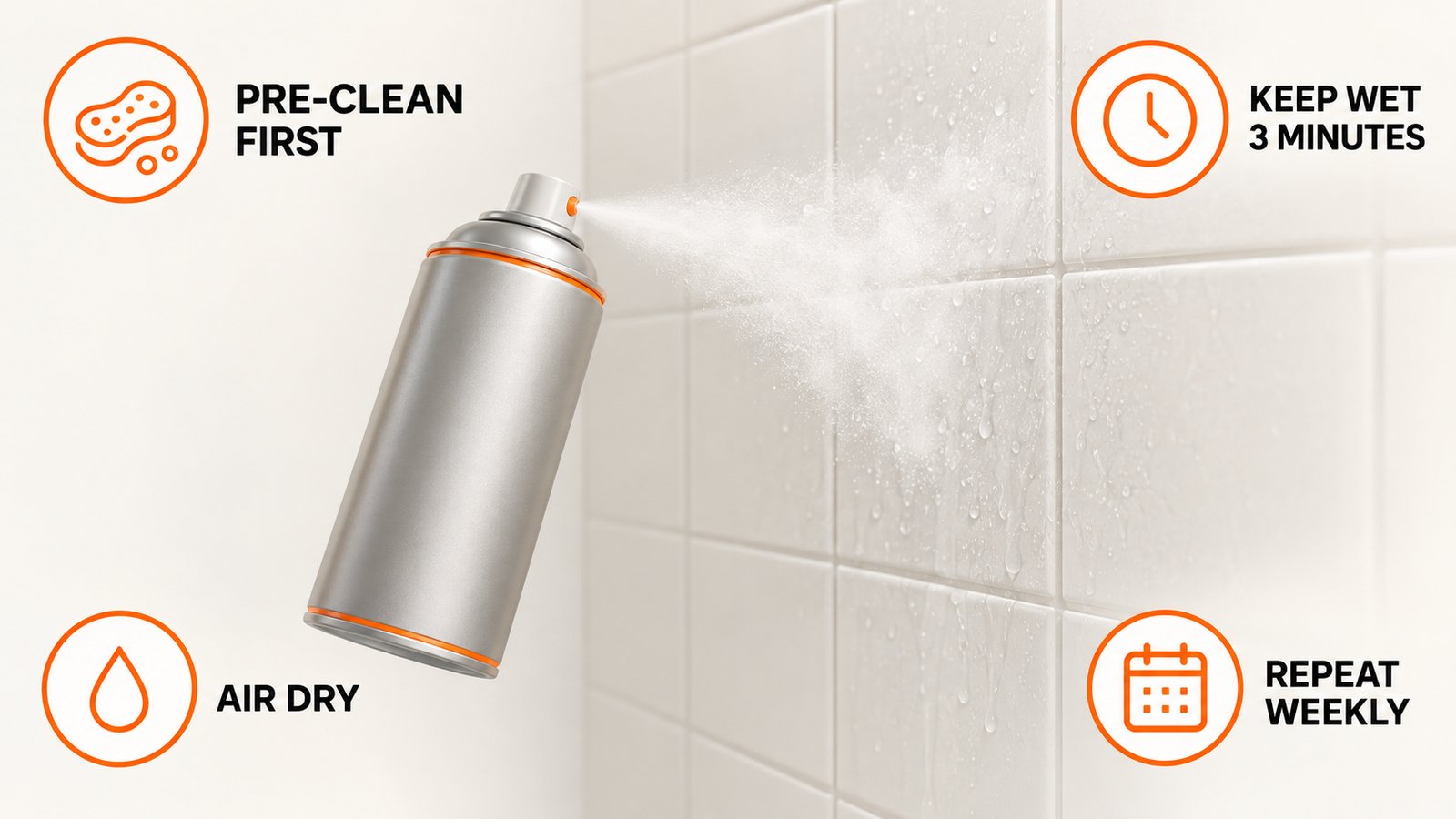A pressurized spray can aimed at a bathroom wall with a mist cloud