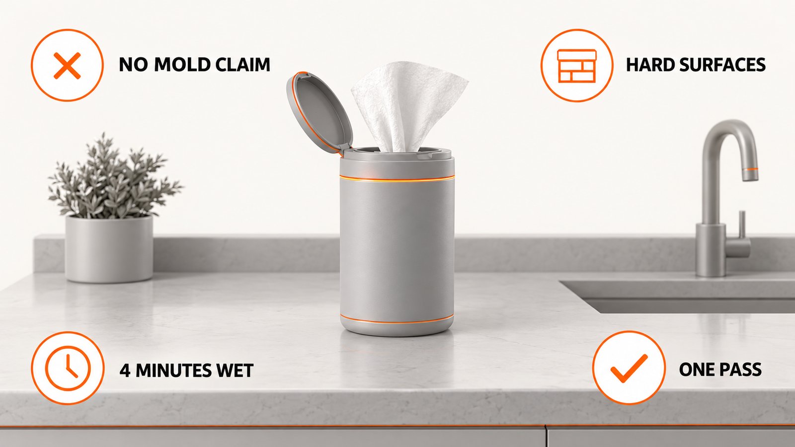 A pop-up wipe canister next to a kitchen counter with a small stain