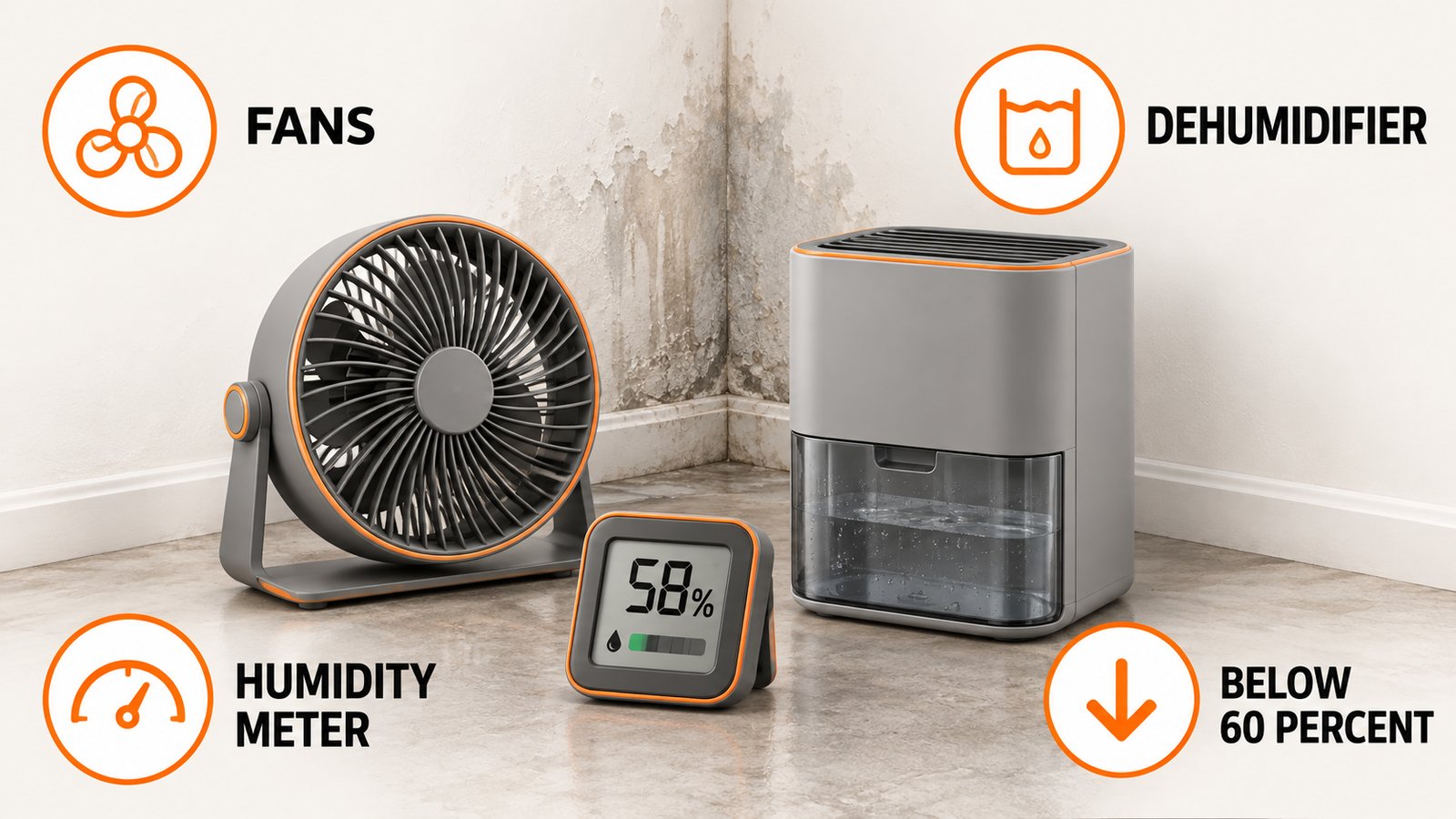 Fan, dehumidifier and humidity meter beside a damp wall corner
