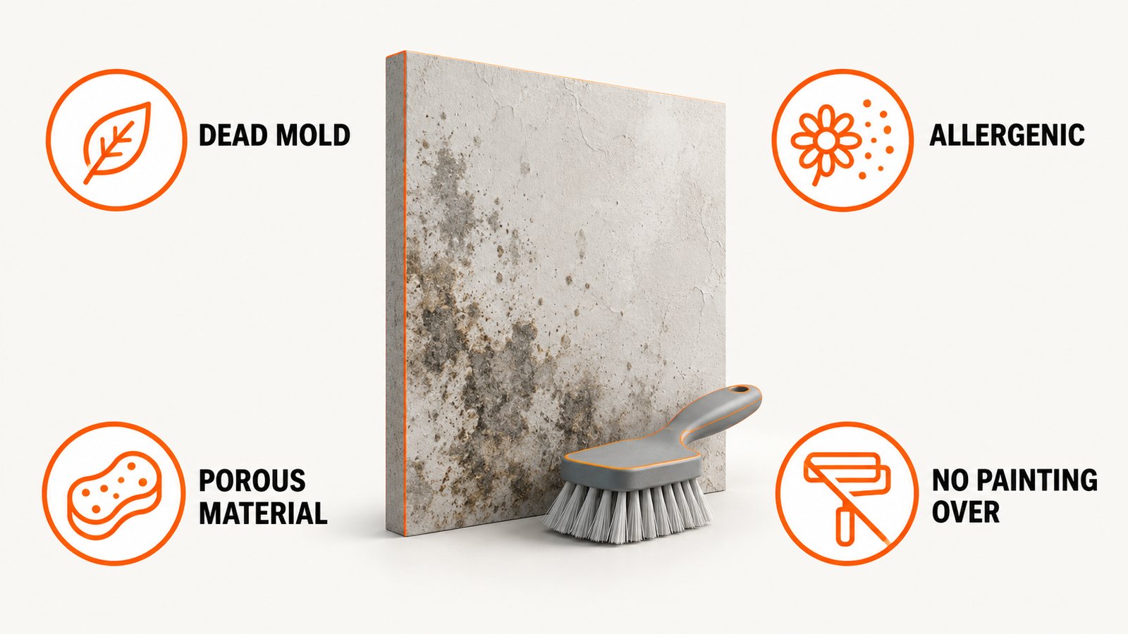 Dry stained wall with a scrub brush resting beside it