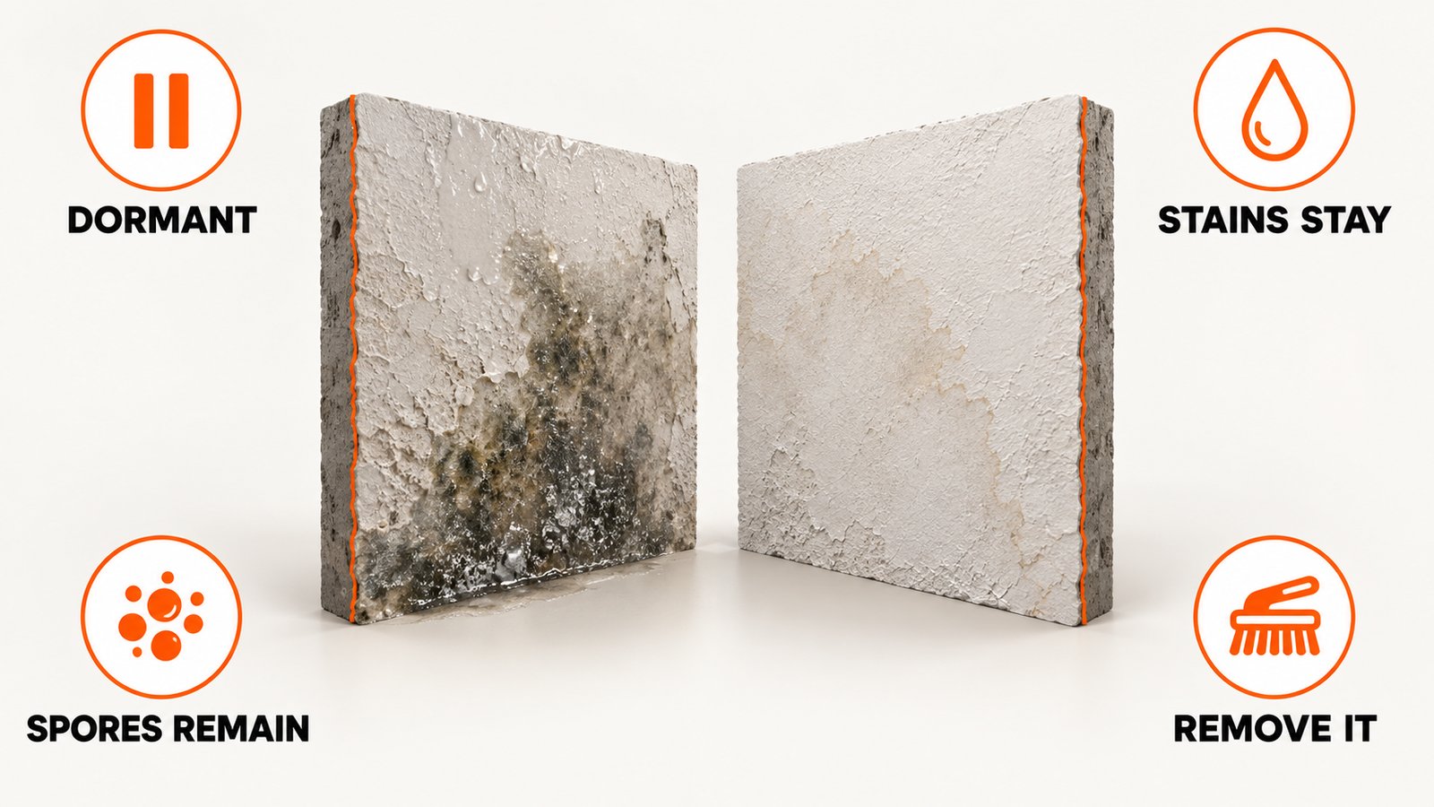 Damp wall patch on one side and a dry wall patch with leftover staining on the other