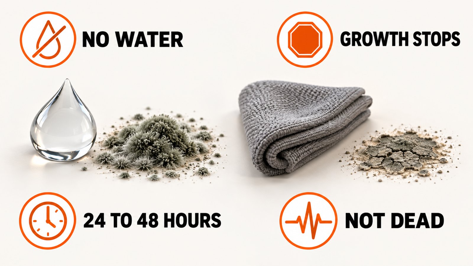 Water droplet beside a mold patch and a dry cloth beside a stopped patch