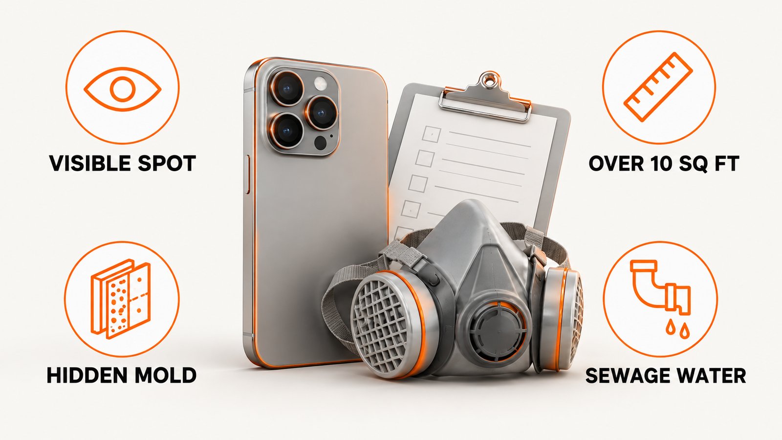 Phone camera icon beside a clipboard and a respirator