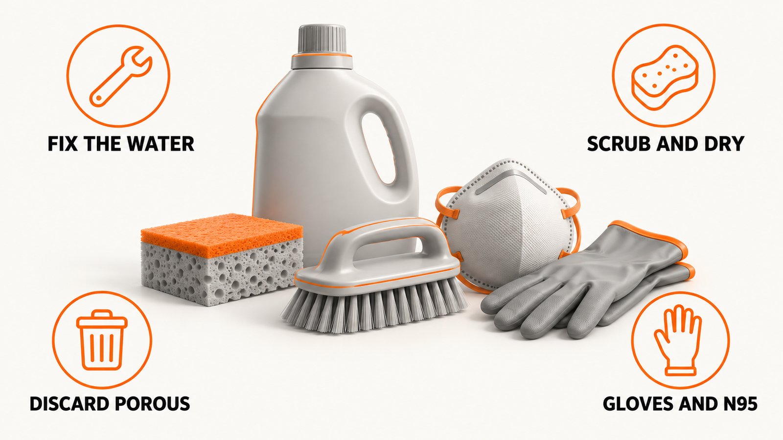 Detergent bottle and sponge beside a gloved scrub brush outline and a respirator