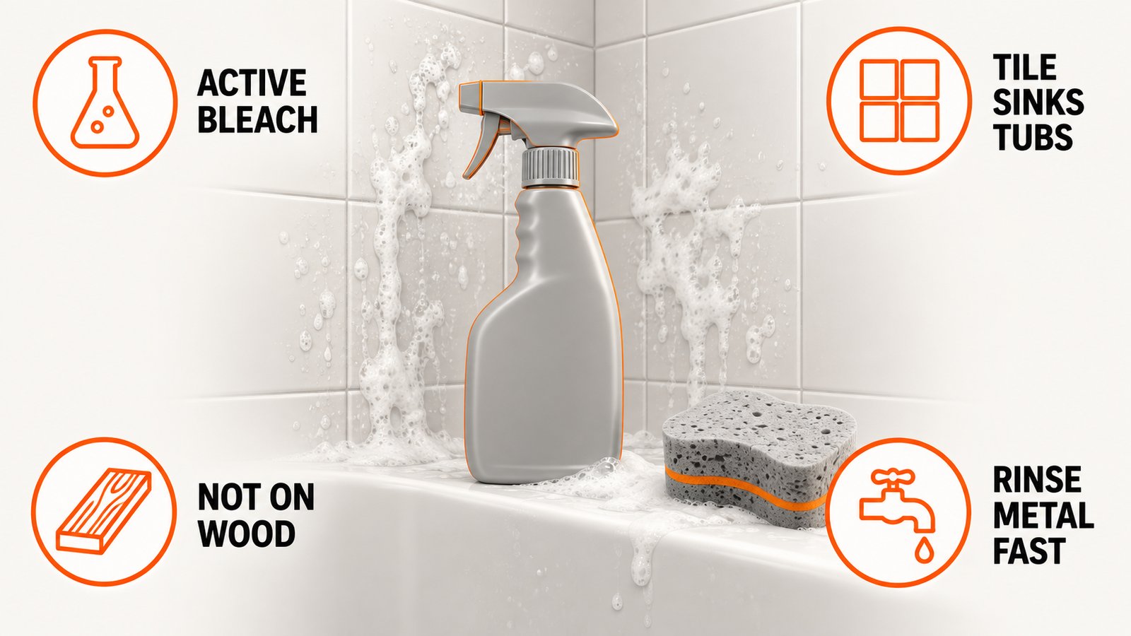 A spray bottle foaming onto shower tile with a sponge resting on a tub edge