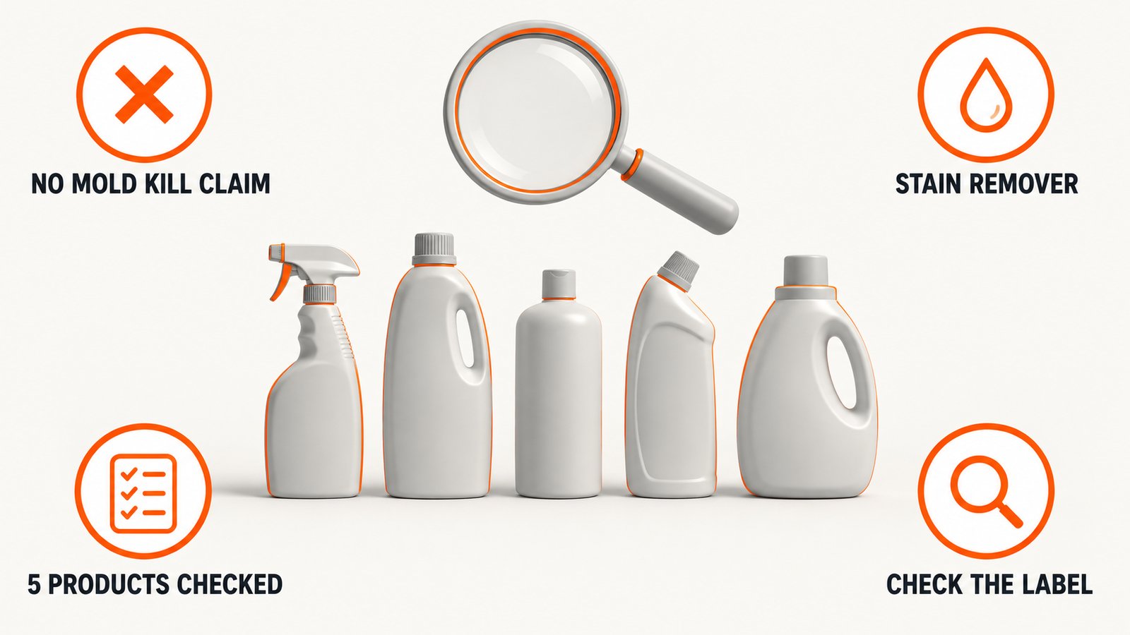 Five product bottles in a row with a magnifying glass above them