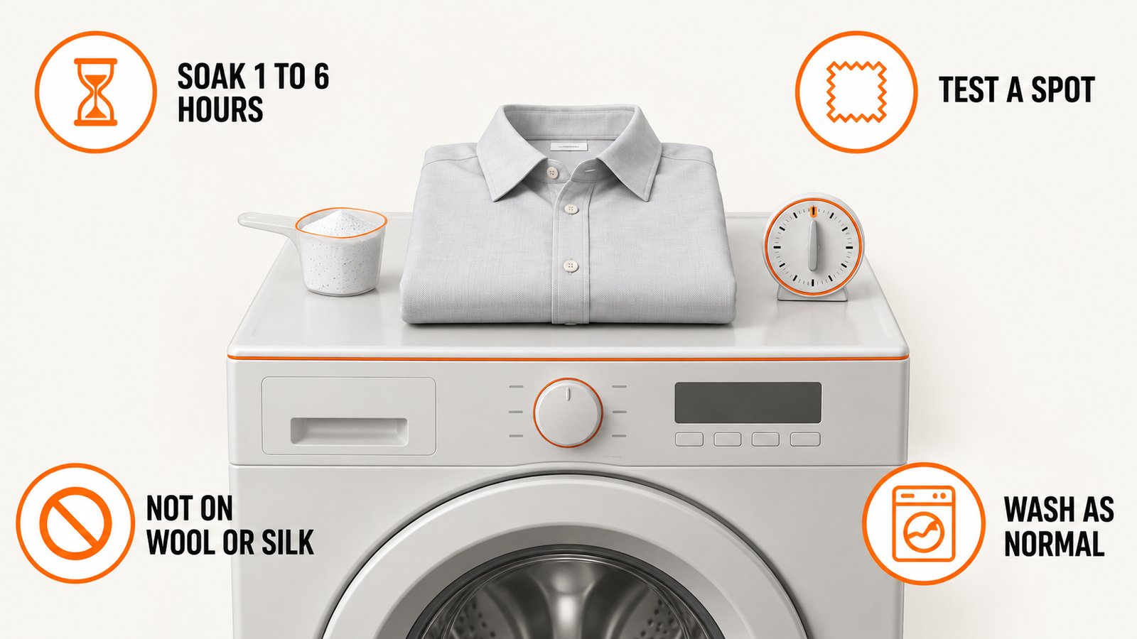A folded shirt on a washing machine lid beside a measuring scoop and a timer