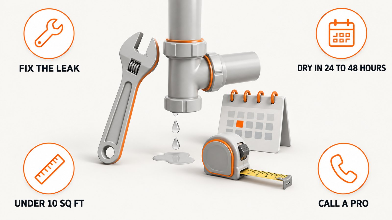 A wrench beside a dripping pipe joint, a wall calendar and a small tape measure
