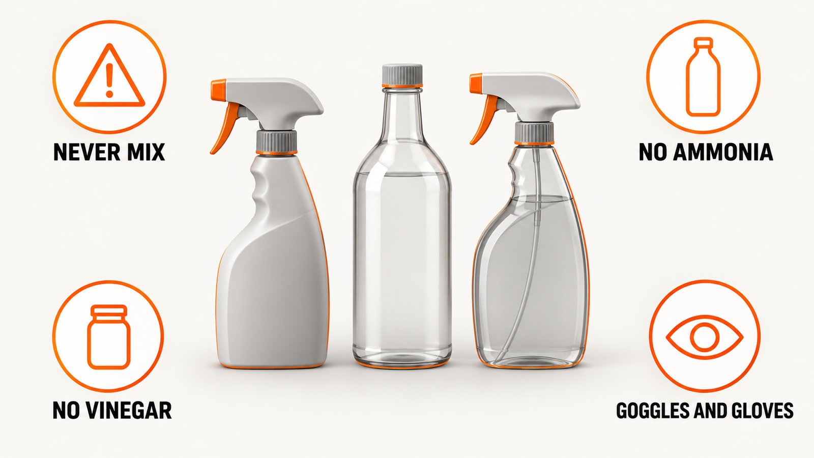 A spray bottle, a bottle of vinegar and a glass cleaner bottle with a warning triangle between them