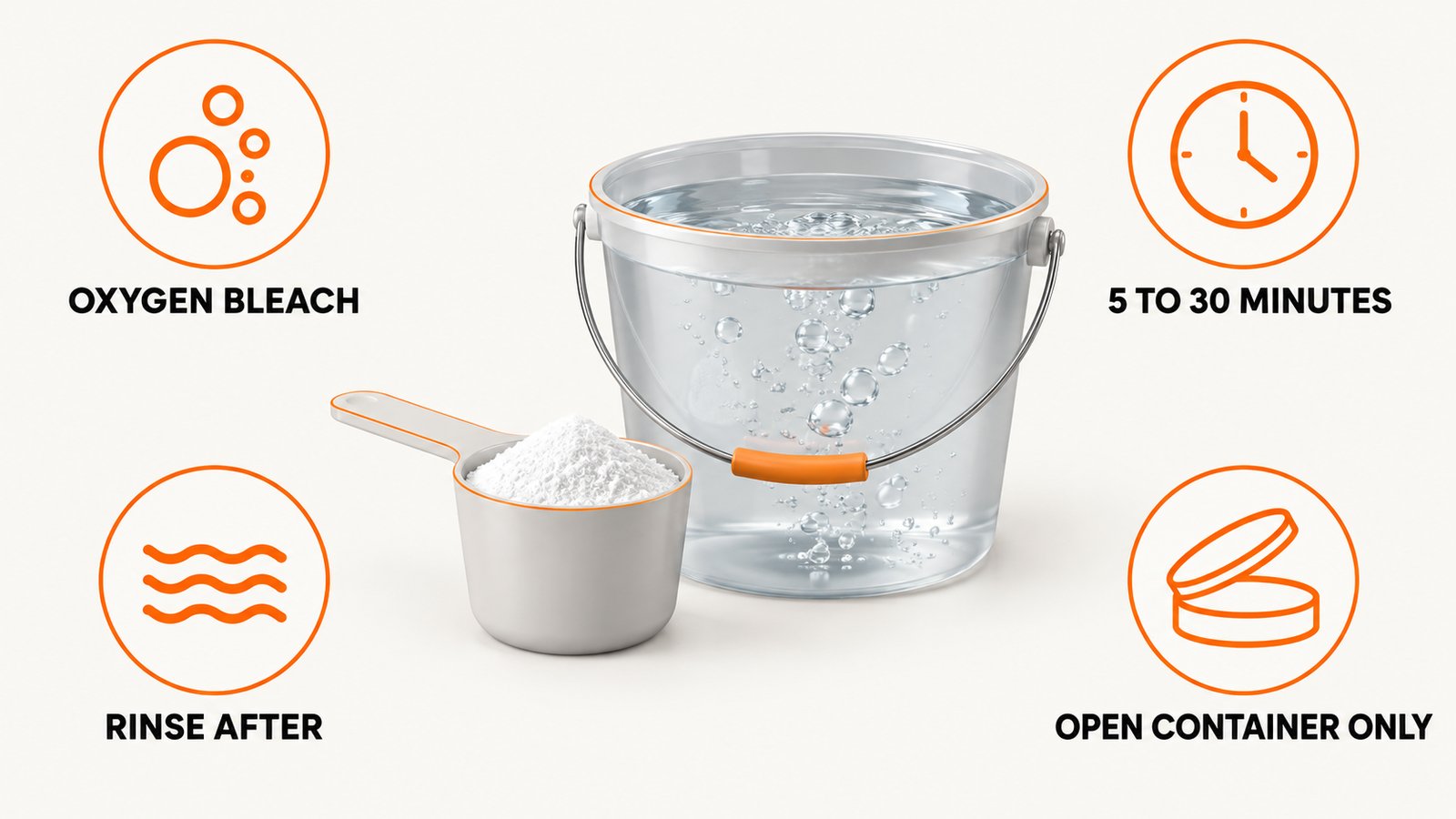 A scoop of white powder beside a bucket of water with bubbles rising