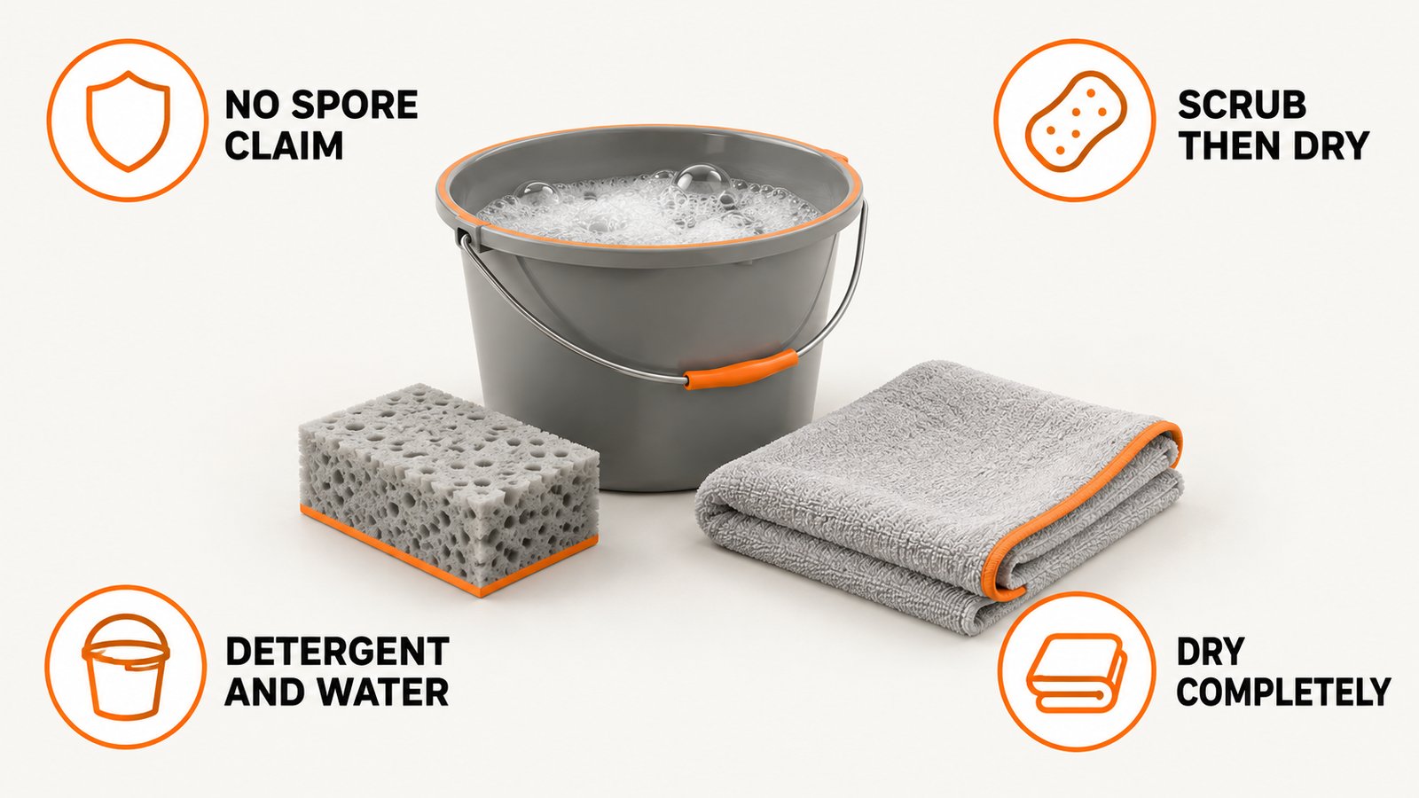 A sponge and a bucket of soapy water beside a dry folded towel on a tile counter