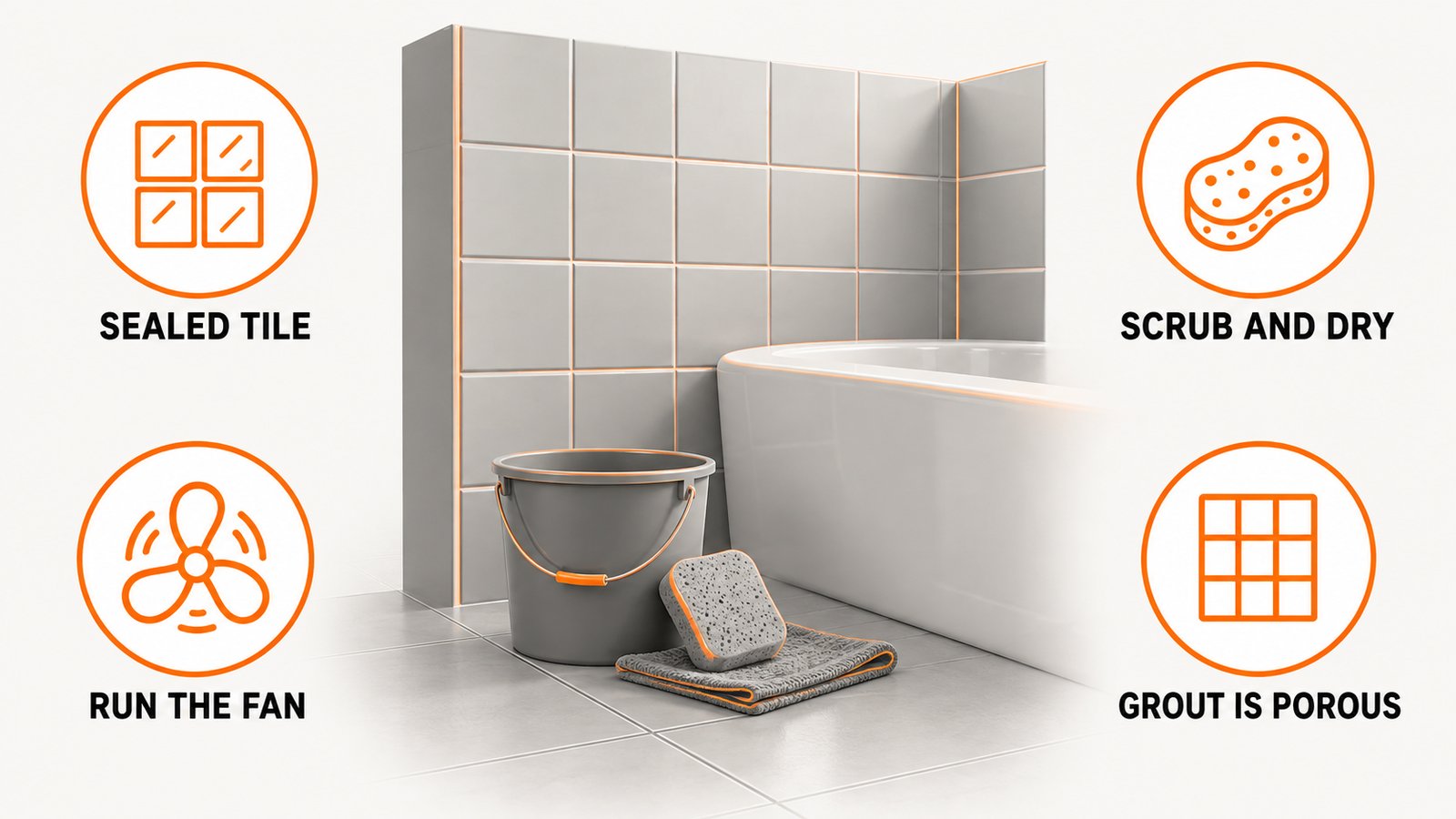 A sealed tile wall, a bathtub edge and a small bucket with a sponge